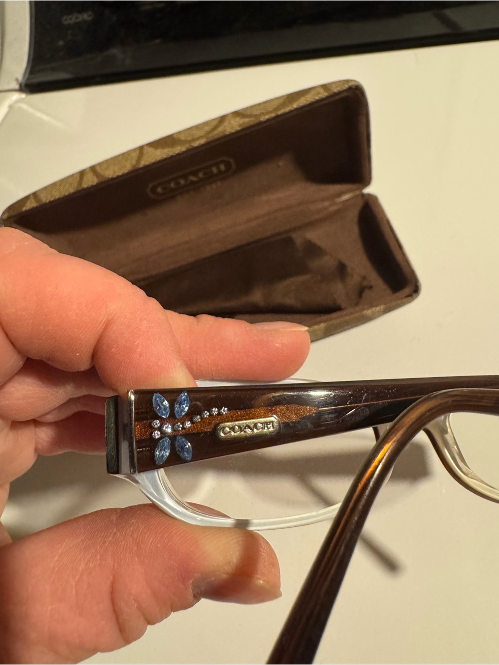 Coach Brown Tortoiseshell Glasses with Blue Gem Flower Accent - Picture 1 of 3